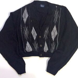 Black Plaid Cropped Button Down Sweater Cardigan